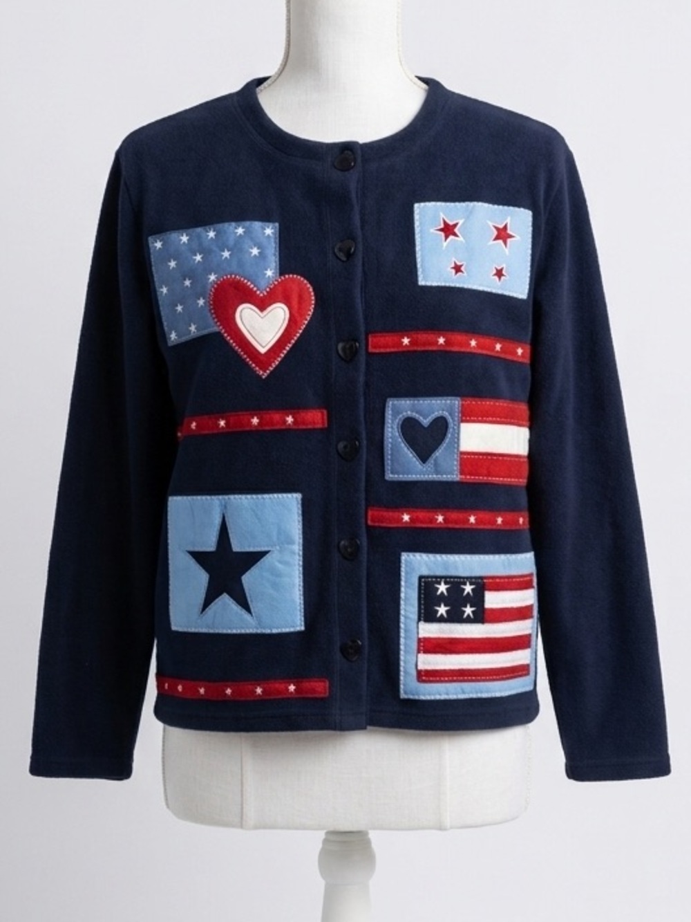 Fashion Bug Navy Vintage Americana Patriotic Fleece Cardigan Jacket Size Small